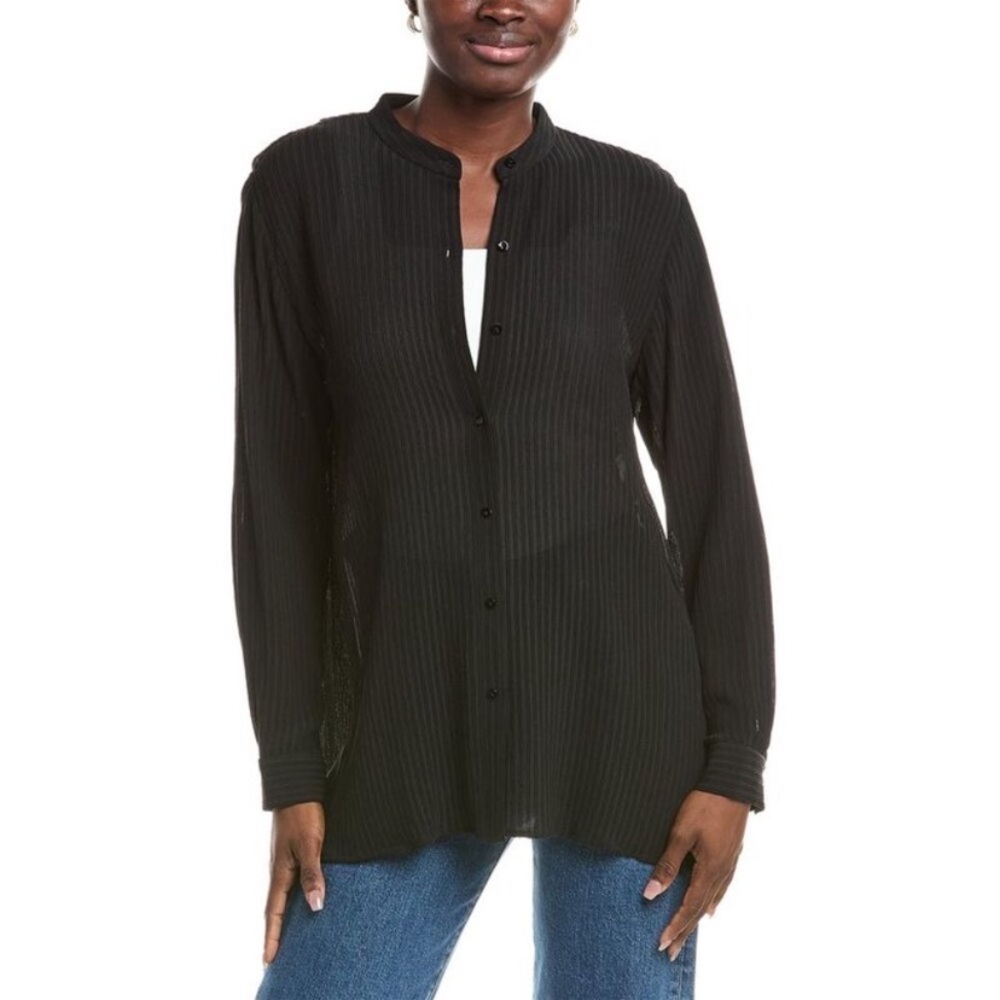 EILEEN FISHER SILK BLACK PINSTRIPED SHIRT BUTTON UP MANDARIN COLLAR SIZE SMALL